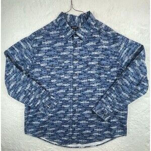 Big & Tall XXXL‎ Estate Blue Fish Pattern Heavy Cotton Long Sleeve Fishing Shirt